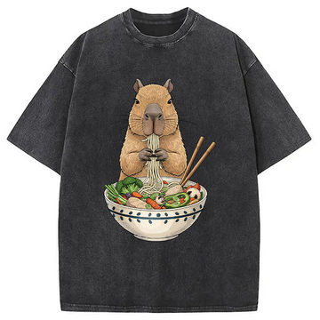 Personality fashion Funny Capybara Eating Ramen Washed T-Shirt