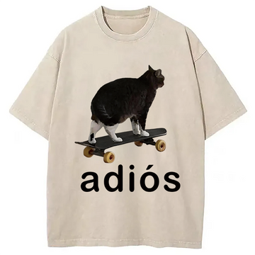 Personality fashion Adios Funny Cat Meme Washed T-Shirt