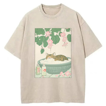 Personality fashion Tabby Cat In Bathtub Japanese Bathroom Decor Washed T-Shirt