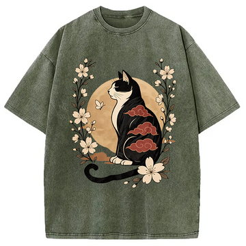 Personality fashion Kawaii Japanese Cat Washed T-Shirt