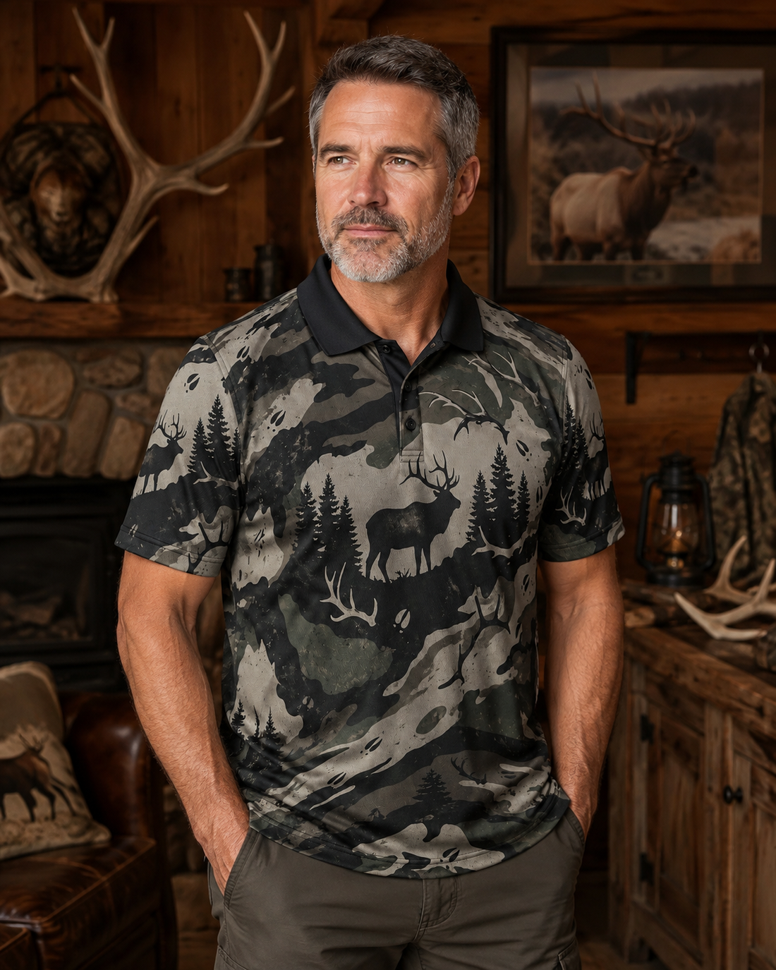 Elk Hunting Camo  Silhouette Polo Shirt VCP1003