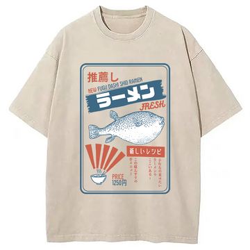 Personality fashion Vintage Fugu Puffer Fish Ramen Washed T-Shirt