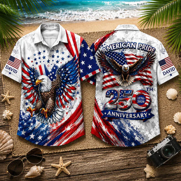 ersonalized America 250th Anniversary Hawaiian Shirt, Patriotic USA Pride Eagle Button-Up, Custom Independence Day 1776–2026 Tropical Shirt