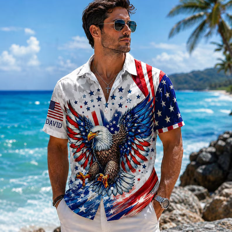 ersonalized America 250th Anniversary Hawaiian Shirt, Patriotic USA Pride Eagle Button-Up, Custom Independence Day 1776–2026 Tropical Shirt