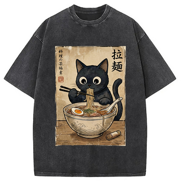 Personality fashion Kawaii Ramen Cat Retro Washed T-Shirt