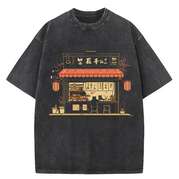 Personality fashion Japanese Noodle Shop Japanese Cat Cute Animal Washed T-Shirt