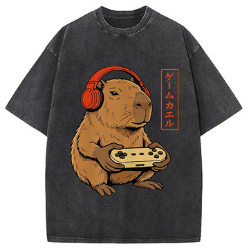 Personality fashion Japanese Gamer Capybara Washed T-Shirt