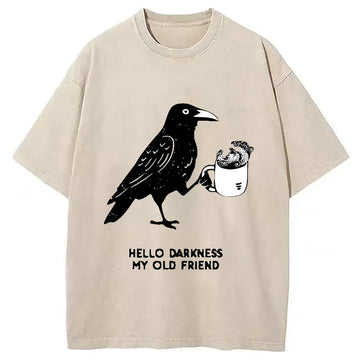 Personality fashion Crow Drinking Black Coffee Funny Washed T-Shirt