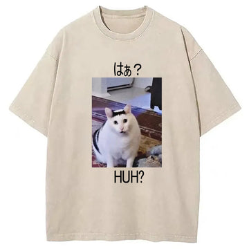 Personality fashion Huh? Funny Cat Meme Washed T-Shirt