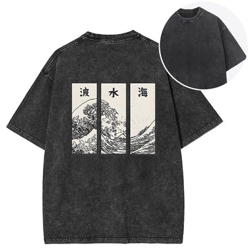 Personality fashion Japanese Art Wave Back Washed T-Shirt