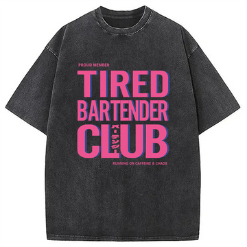 Personality fashion Tired Bartender Club Japanese Katakana Vintage Washed T-Shirt