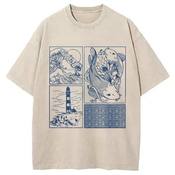 Personality fashion Vintage Minimalist Marine Life Japan Washed T-Shirt