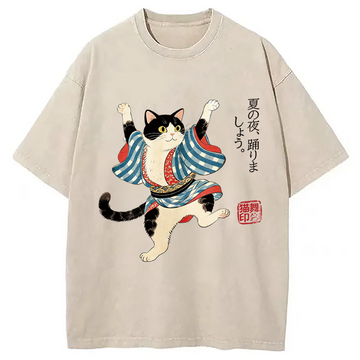 Personality fashion Bon Odori Dancing Cat Washed T-Shirt