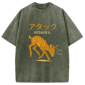 Personality fashion Funny Japanese Deer Washed T-Shirt