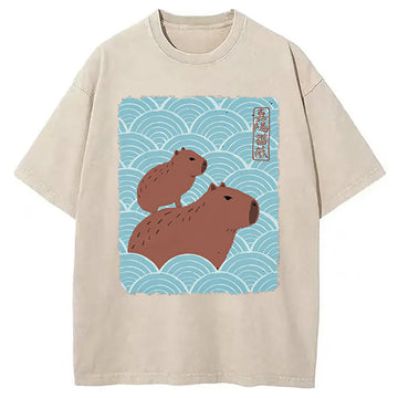 Personality fashion Kawaii Capybara Ukiyo-e Washed T-Shirt