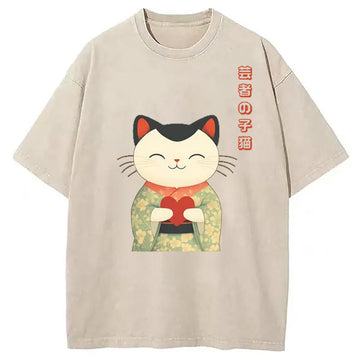 Personality fashion Japanese Maneki Geisha Kitty Washed T-Shirt