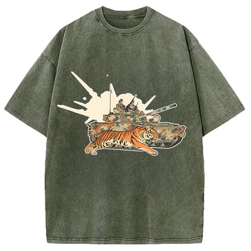 Personality fashion Tiger and Chariot Washed T-Shirt