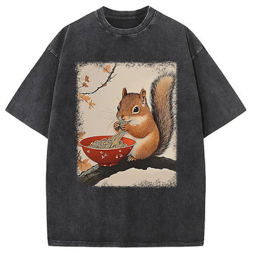 Personality fashion Squirrel Eating Ramen Washed T-Shirt