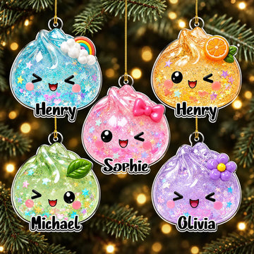 Personalized Name Glitter Dumpling Ornament, Cute Kawaii Christmas Tree Decoration, Custom Family Keepsake Gift for Kids and Dumpling Lovers