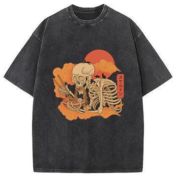 Personality fashion Yokai Ramen and Cats Washed T-Shirt