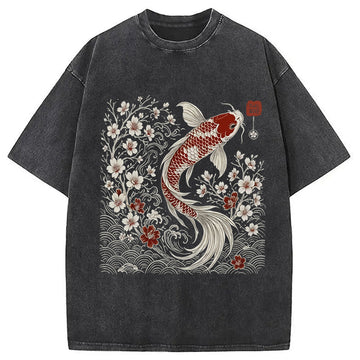 Personality fashion Vintage Sakura And Koi Washed T-Shirt