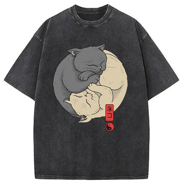 Personality fashion Yin Yang Cats Washed T-Shirt