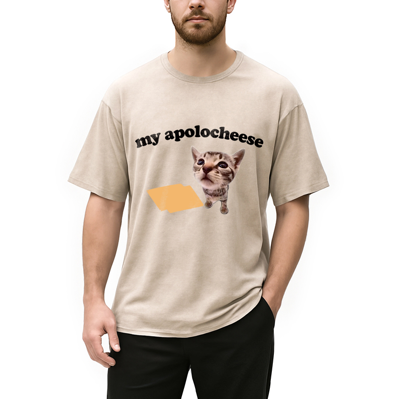 Personality fashion My Apolocheese Funny Cat Meme Washed T-Shirt