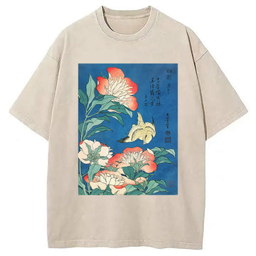Personality fashion Hokusai Flowers Peonies Bird Washed T-Shirt