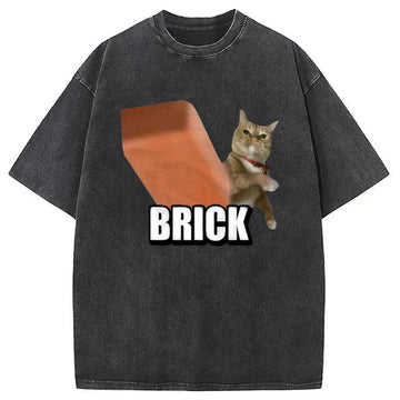 Personality fashion Funny Cat Throwing Brick Washed T-Shirt