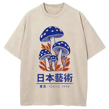 Personality fashion Japanese Art Blue Mushroom Washed T-Shirt