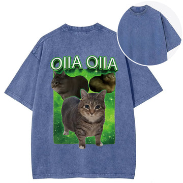 Personality fashion Oiia Cat Funny Meme Back Washed T-Shirt