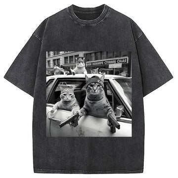 Personality fashion Funny Gangster Cats Washed T-Shirt