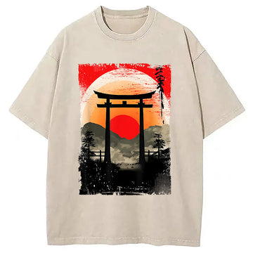 Personality fashion Japanese Sunset Landscape Art Washed T-Shirt