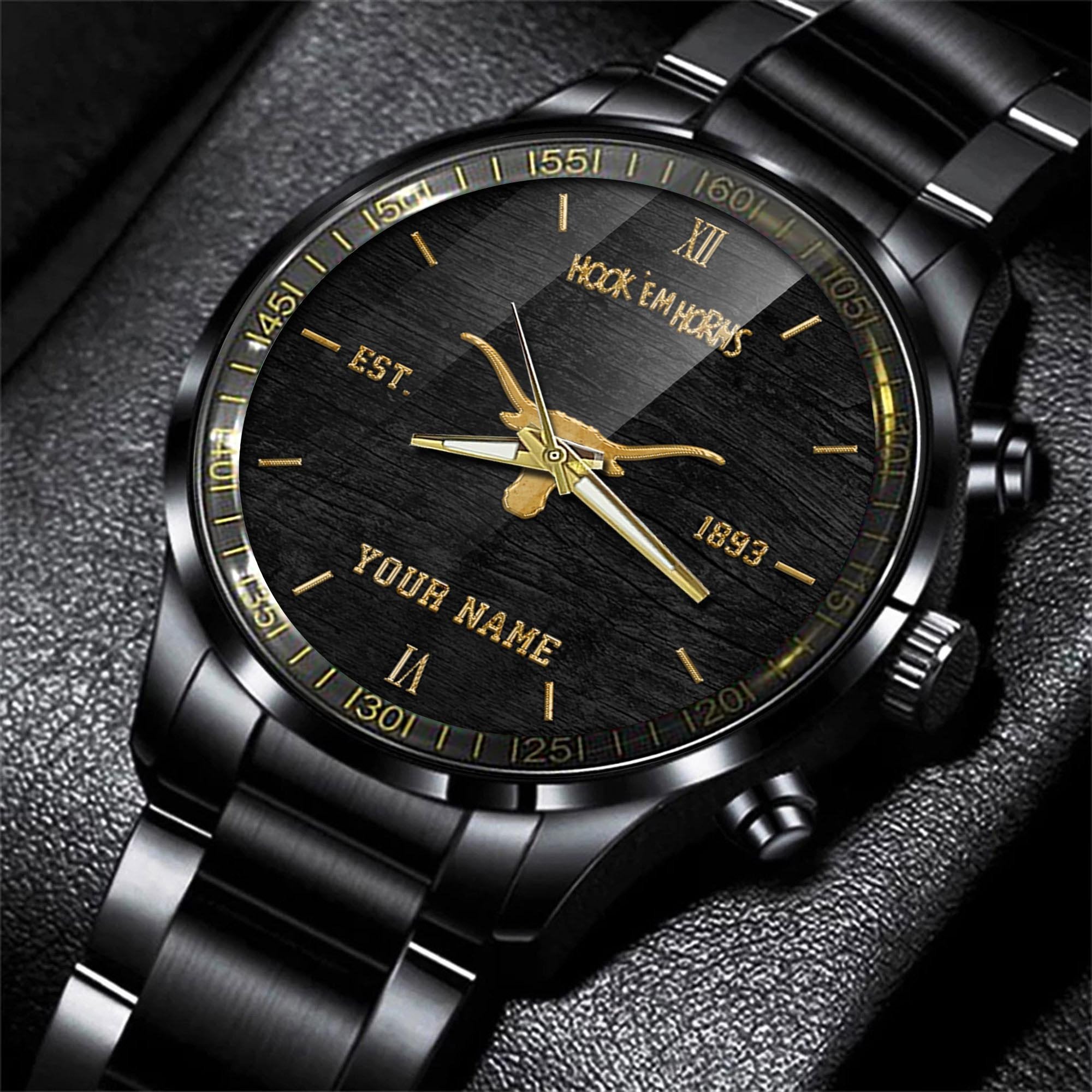 Texas Longhorns Black Fashion Watch Custom Your Name And Year, Sport Watch, Sport Gifts For Football Fans ETRG