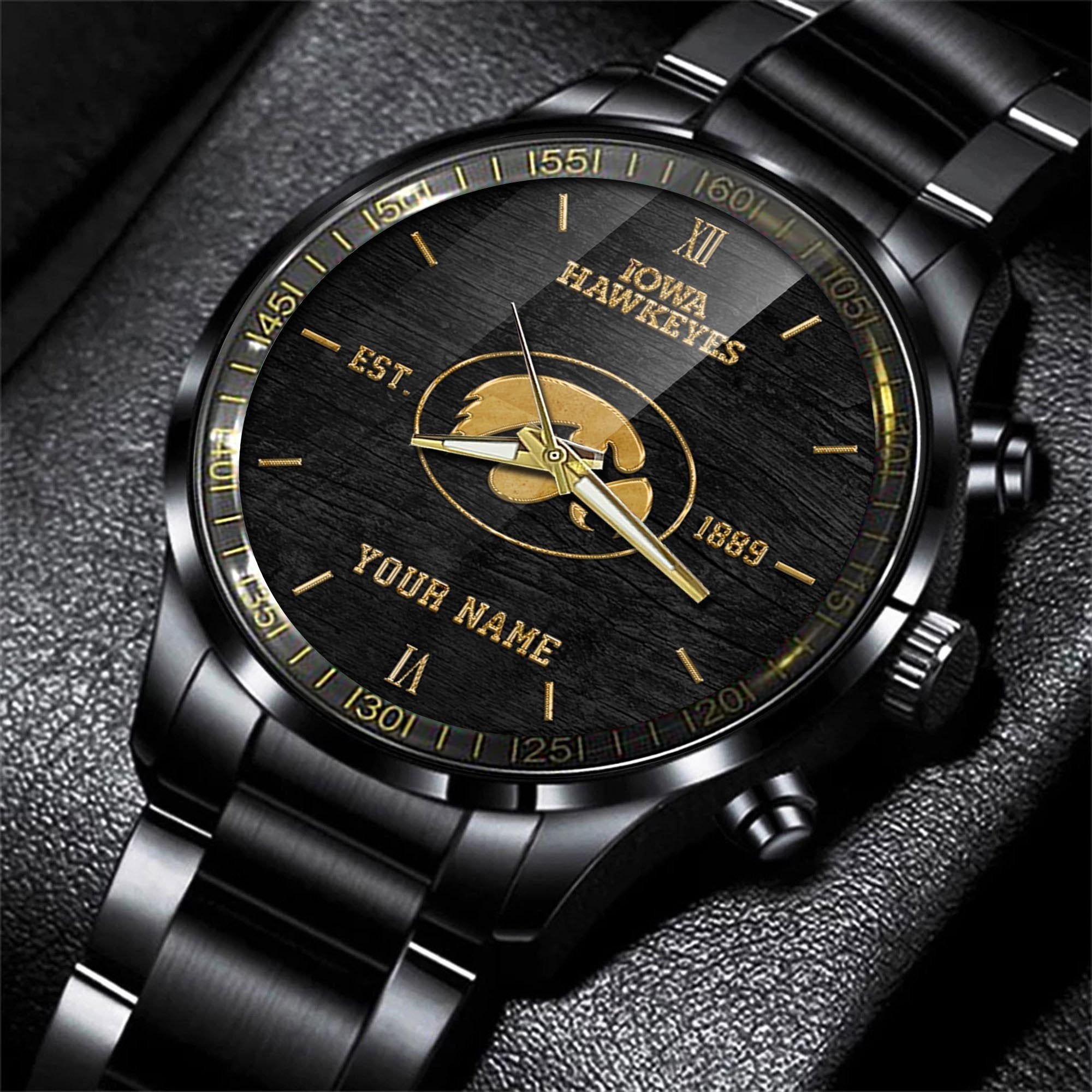 Iowa Hawkeyes Black Fashion Watch Custom Your Name And Year, Sport Watch, Sport Gifts For Football Fans ETRG