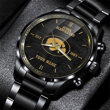 Iowa Hawkeyes Black Fashion Watch Custom Your Name And Year, Sport Watch, Sport Gifts For Football Fans ETRG