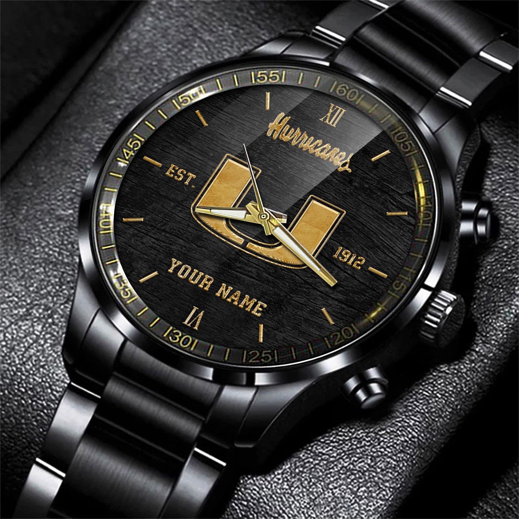 Miami Hurricanes Black Fashion Watch Custom Your Name And Year, Sport Watch, Sport Gifts For Football Fans ETRG