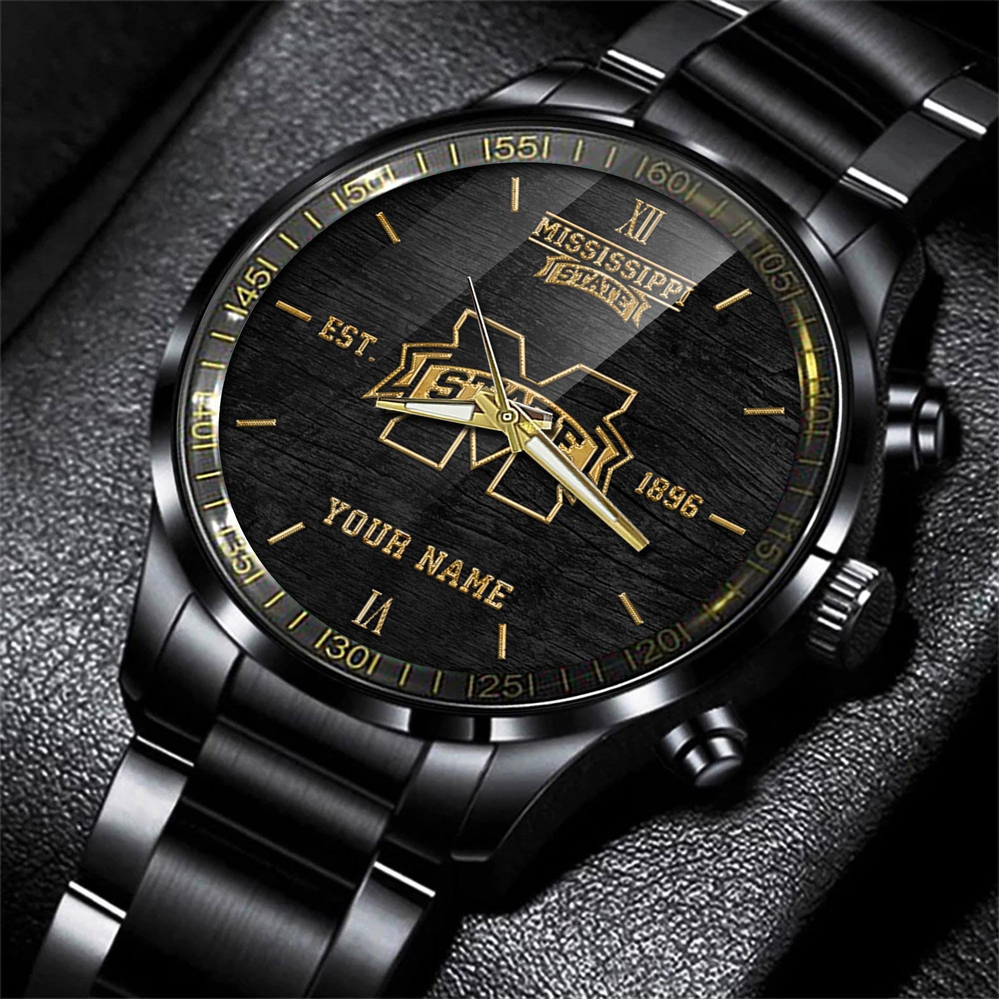 Mississippi State Bulldogs Black Fashion Watch Custom Your Name And Year, Sport Watch, Sport Gifts For Football Fans ETRG