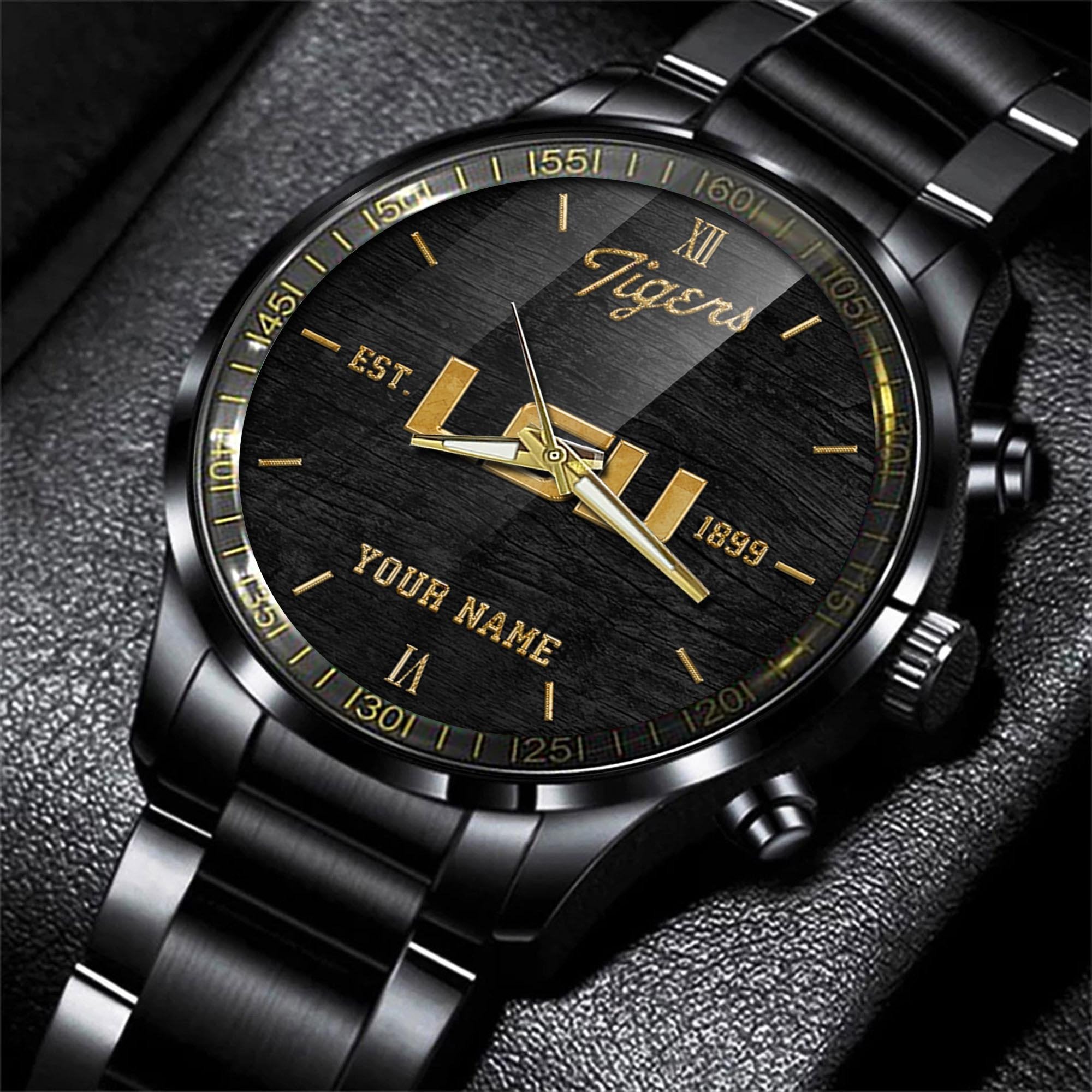 LSU TIGERS Black Fashion Watch Custom Your Name And Year, Sport Watch, Sport Gifts For Football Fans ETRG