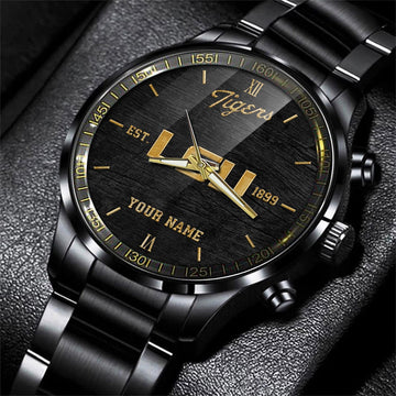 LSU TIGERS Black Fashion Watch Custom Your Name And Year, Sport Watch, Sport Gifts For Football Fans ETRG