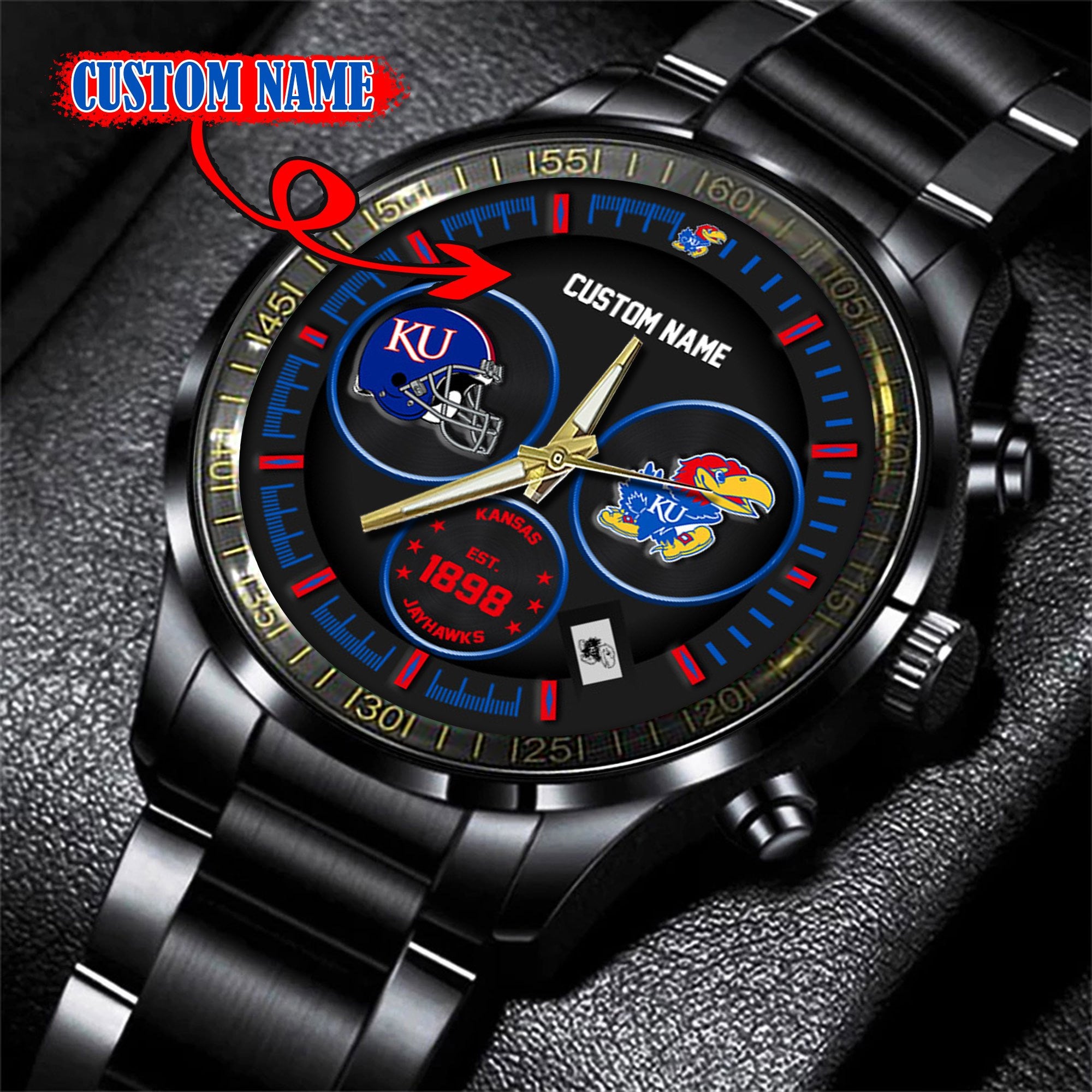 Kansas Jayhawks Black Stainless Steel Watch - Custom Name 58437