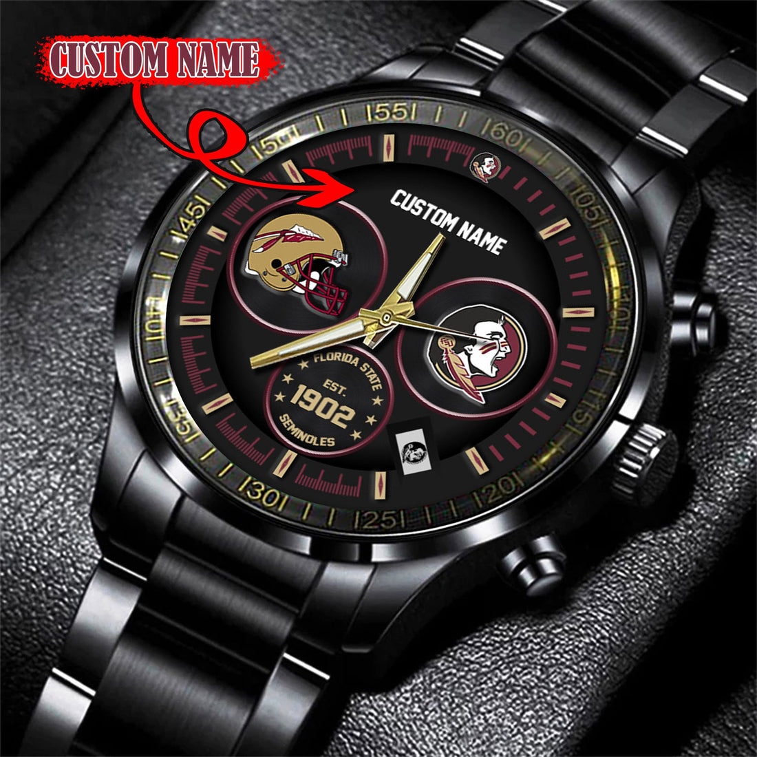 Florida State Seminoles Black Stainless Steel Watch - Custom Name 58437