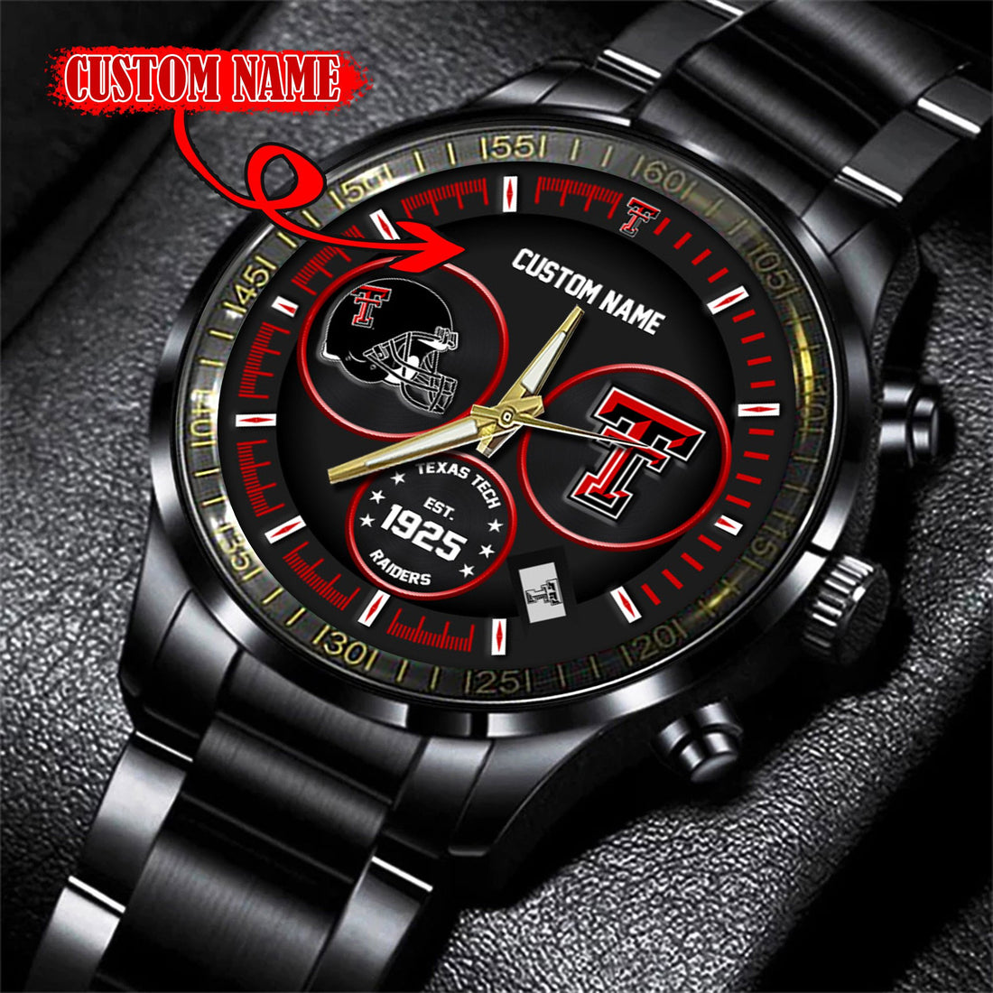 Texas Tech Red Raiders Black Stainless Steel Watch - Custom Name 58437