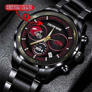 Arkansas Razorbacks Black Stainless Steel Watch - Custom Name 58437
