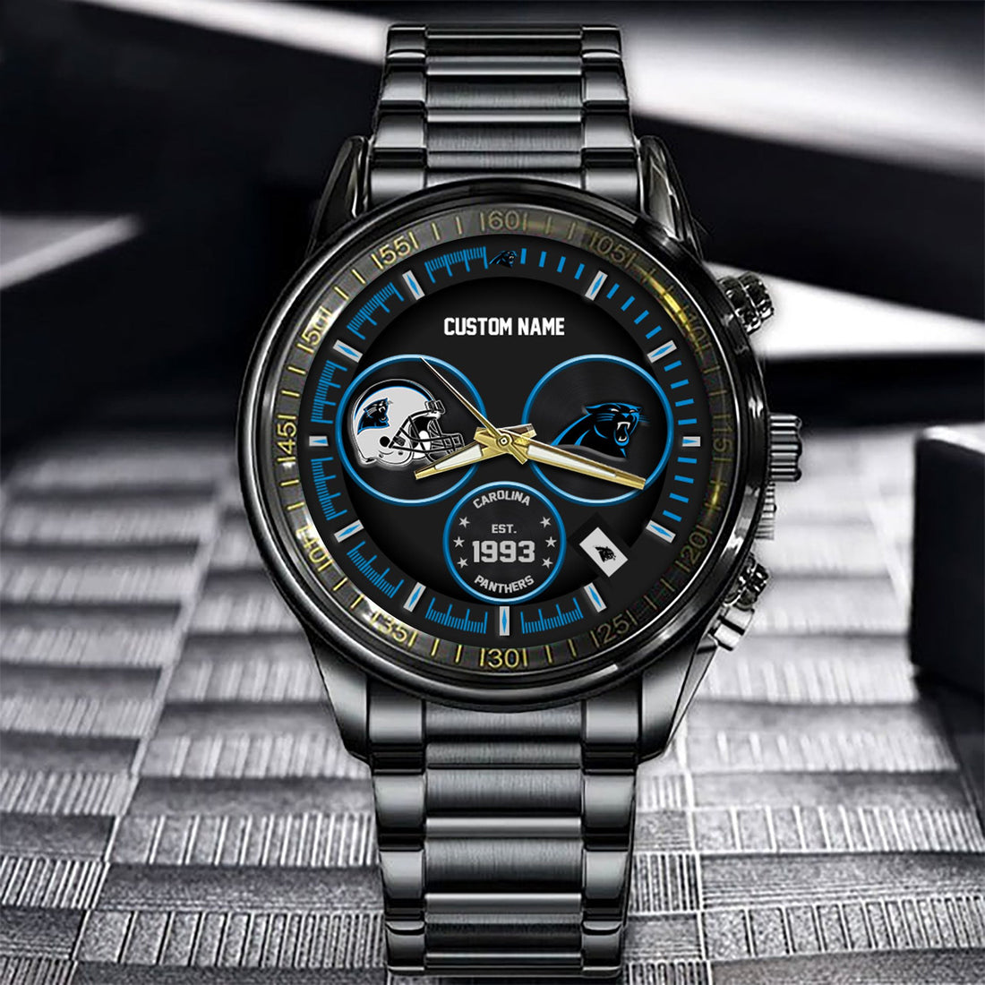 Carolina Panthers Black Stainless Steel Watch - Custom Name 58437