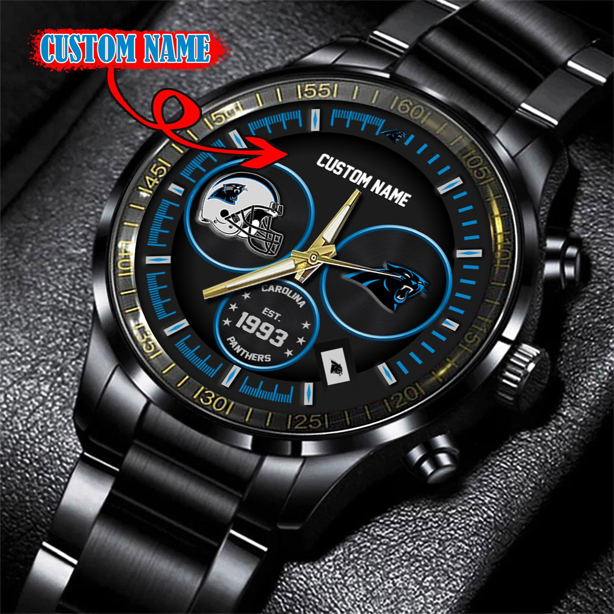 Carolina Panthers Black Stainless Steel Watch - Custom Name 58437