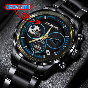 Carolina Panthers Black Stainless Steel Watch - Custom Name 58437