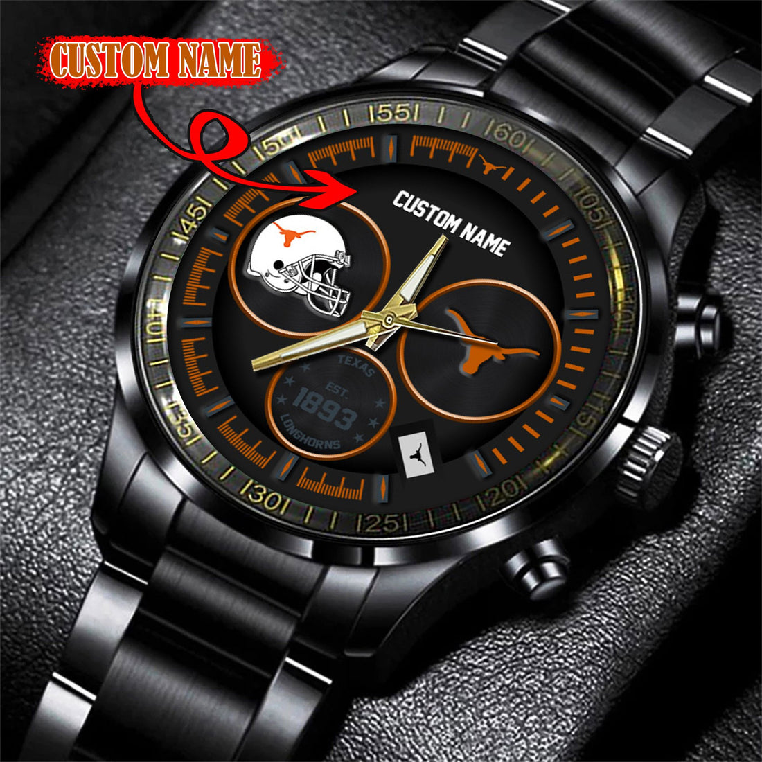 Texas Longhorns Black Stainless Steel Watch - Custom Name 58437