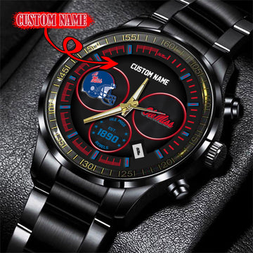Ole Miss Rebels Black Stainless Steel Watch - Custom Name 58437
