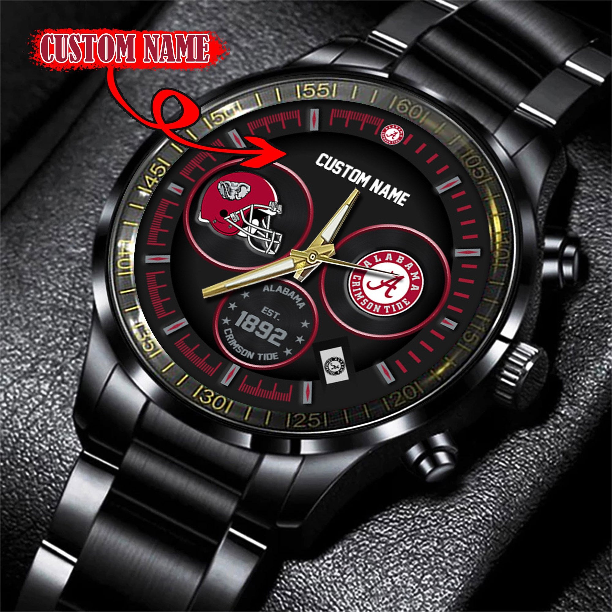 Alabama Crimson Tide Black Stainless Steel Watch - Custom Name 58437